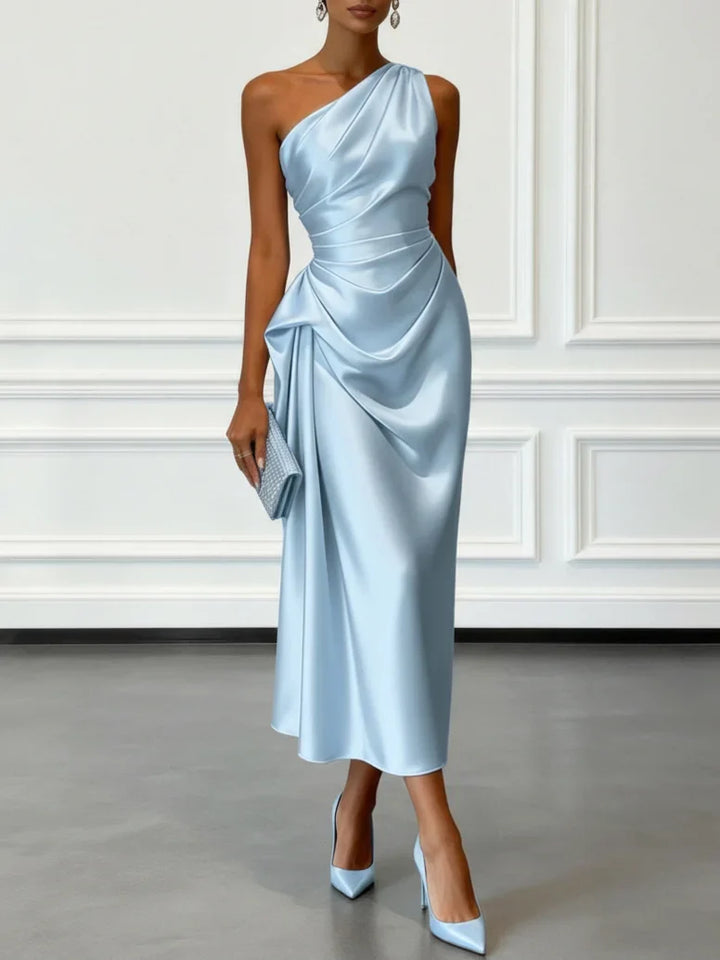 Caille – Robe Midi Satin Champagne Une Épaule