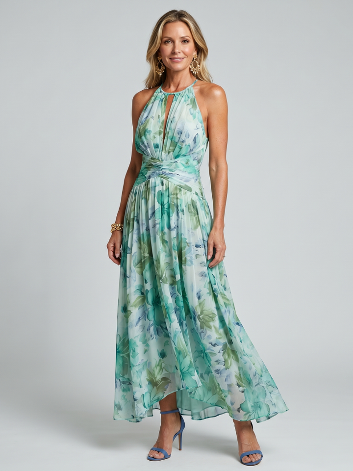 Portia – Robe Midi Halter Plissée Florale