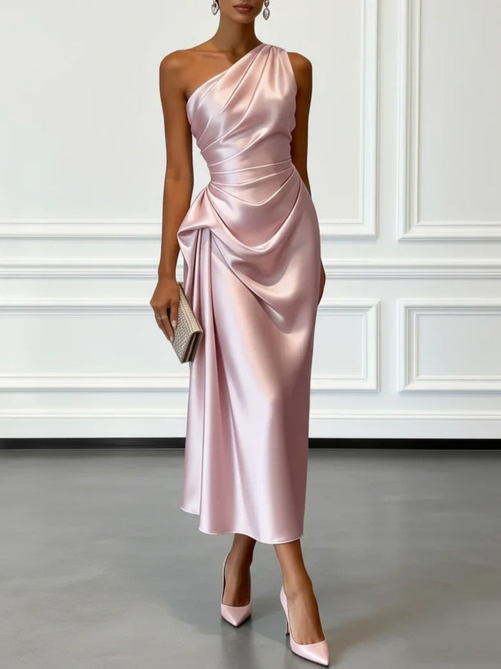 Caille – Robe Midi Satin Champagne Une Épaule