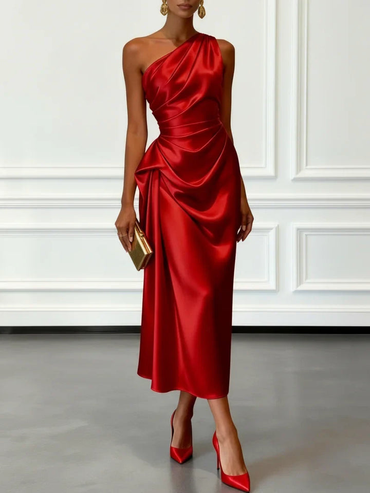Caille – Robe Midi Satin Champagne Une Épaule