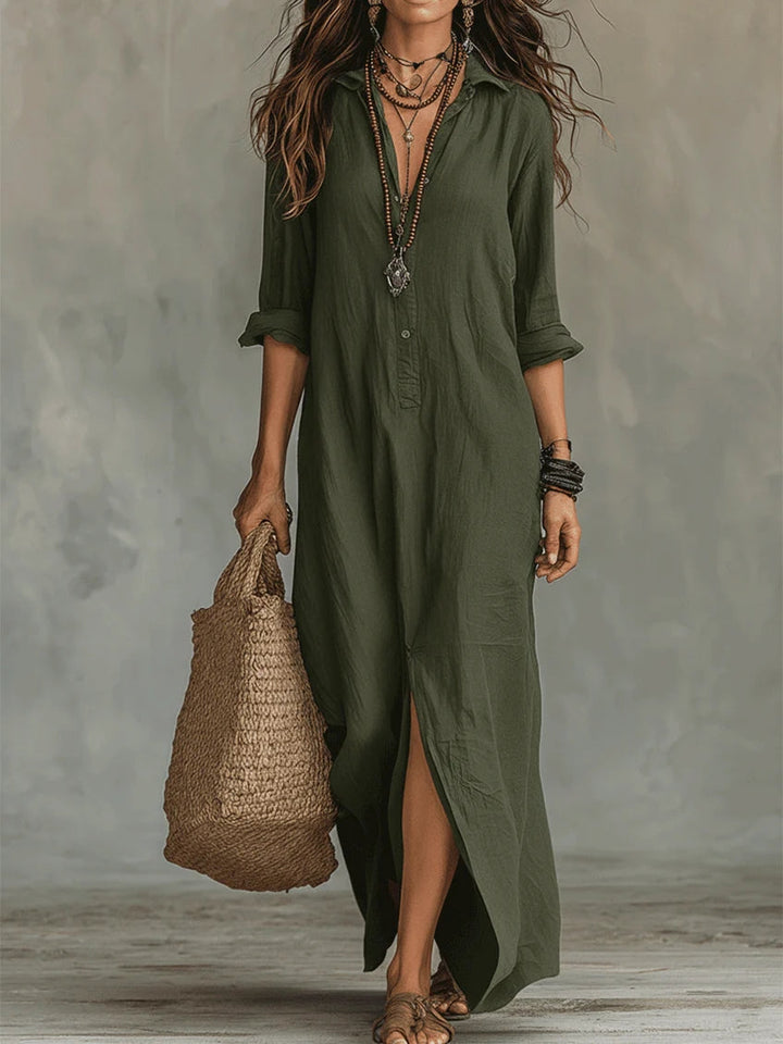 Soline – Robe Maxi Col V Boutonnée