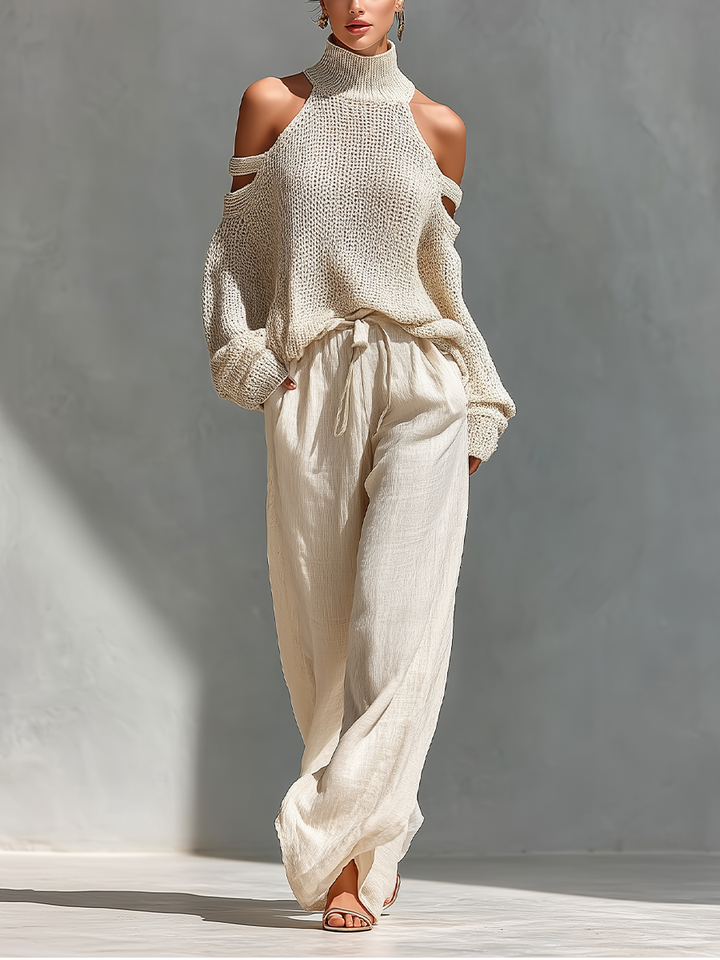 Thalia – Ensemble Top Tricoté Beige & Pantalon Large