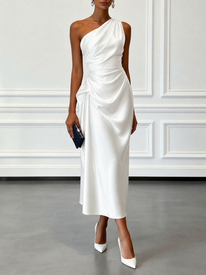 Caille – Robe Midi Satin Champagne Une Épaule
