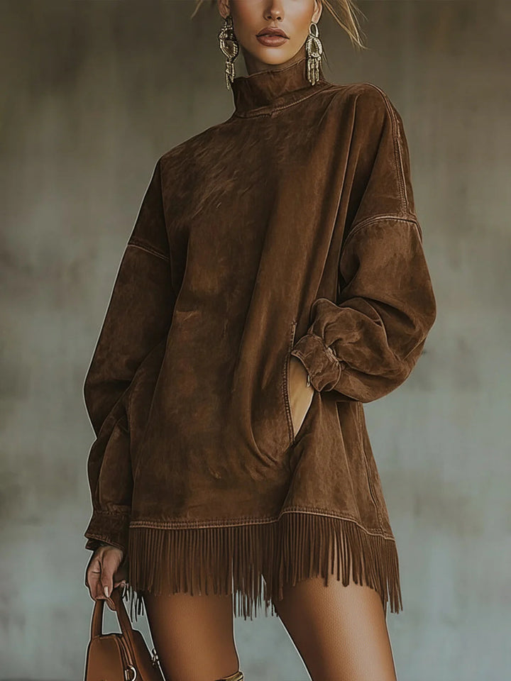 Darcie – Robe Col Roulé Suède à Franges