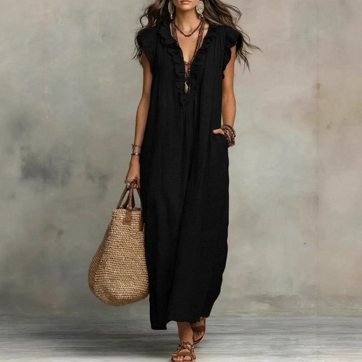 Josefina – Robe Longue Lin Col V à Volants