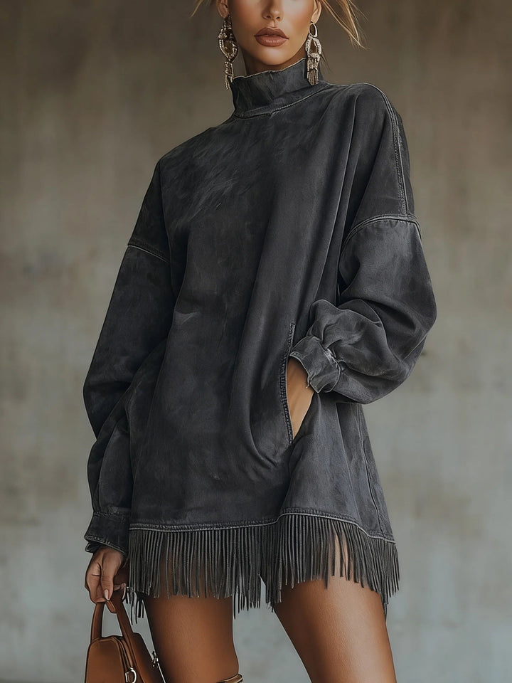 Darcie – Robe Col Roulé Suède à Franges