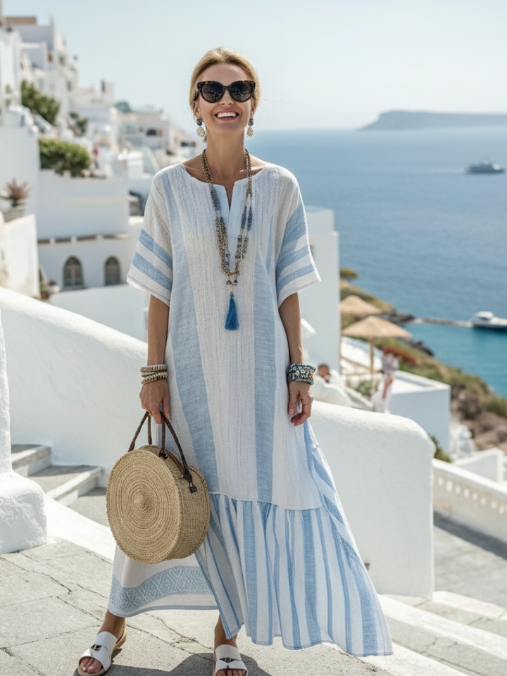Ione – Robe Maxi Rayée Col Rond Manches Courtes