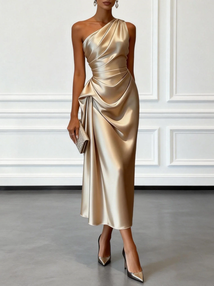 Caille – Robe Midi Satin Champagne Une Épaule