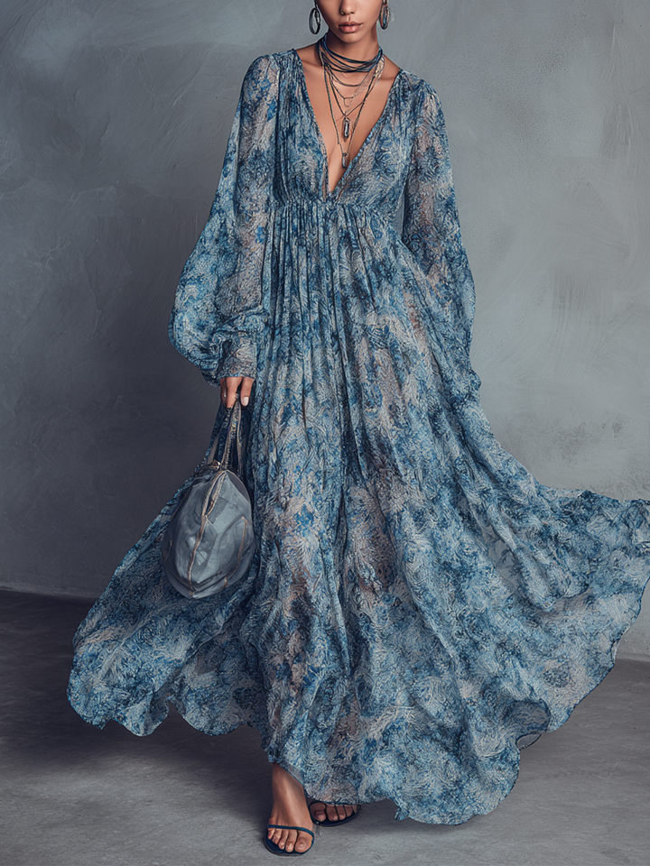 Grace – Robe Maxi Chiffon Boho Florale Bleue