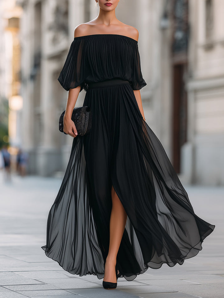 Annetta – Robe Maxi Chiffon Plissée Épaules Dénudées