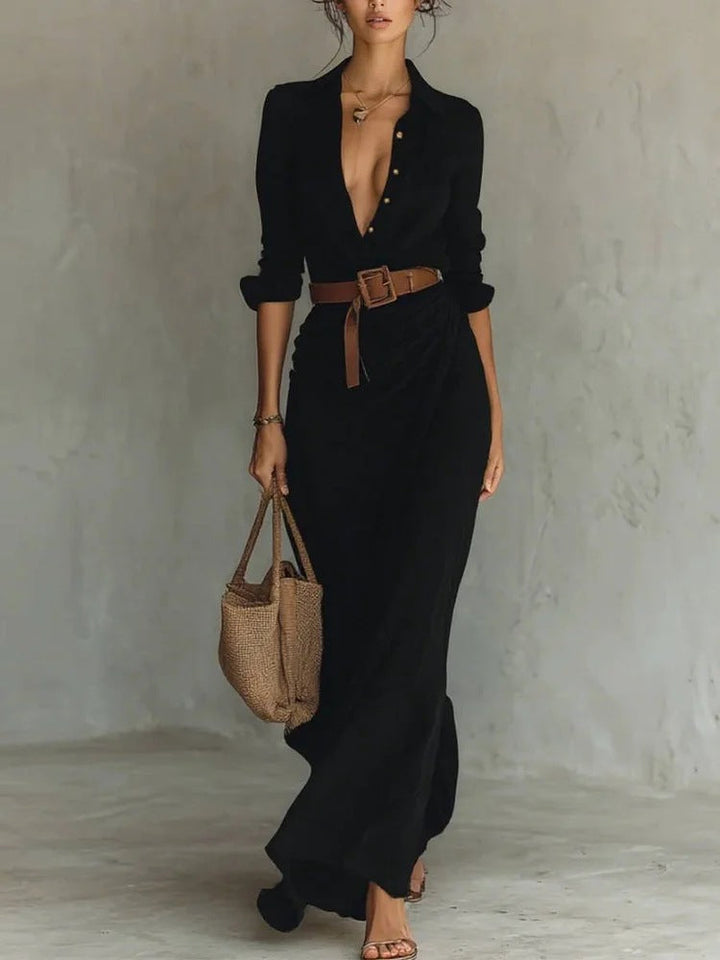 Kiara – Robe Maxi Col Revers Manches Longues