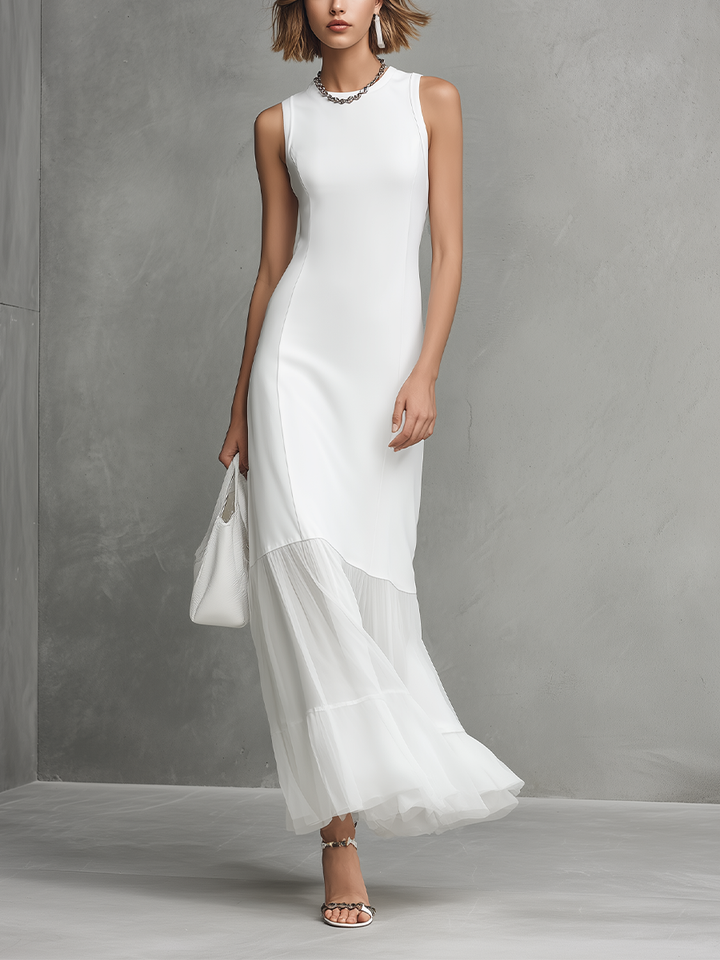 Robe Blanche Sans Manches Soie & Chiffon