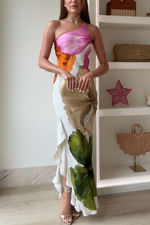 Ivy – Robe Maxi Florale Une Épaule Drapée