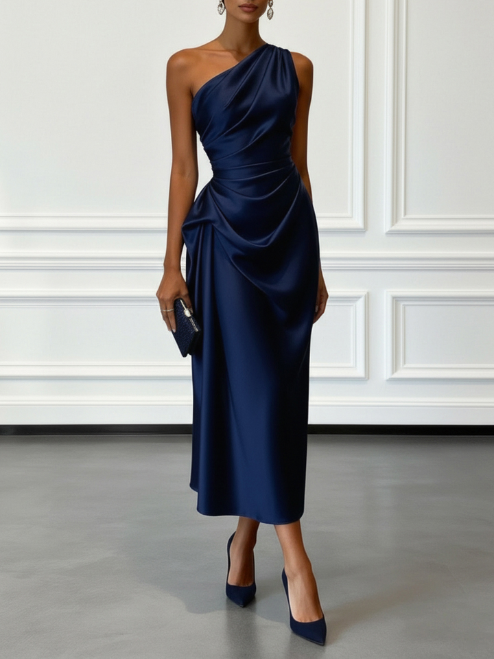 Caille – Robe Midi Satin Champagne Une Épaule
