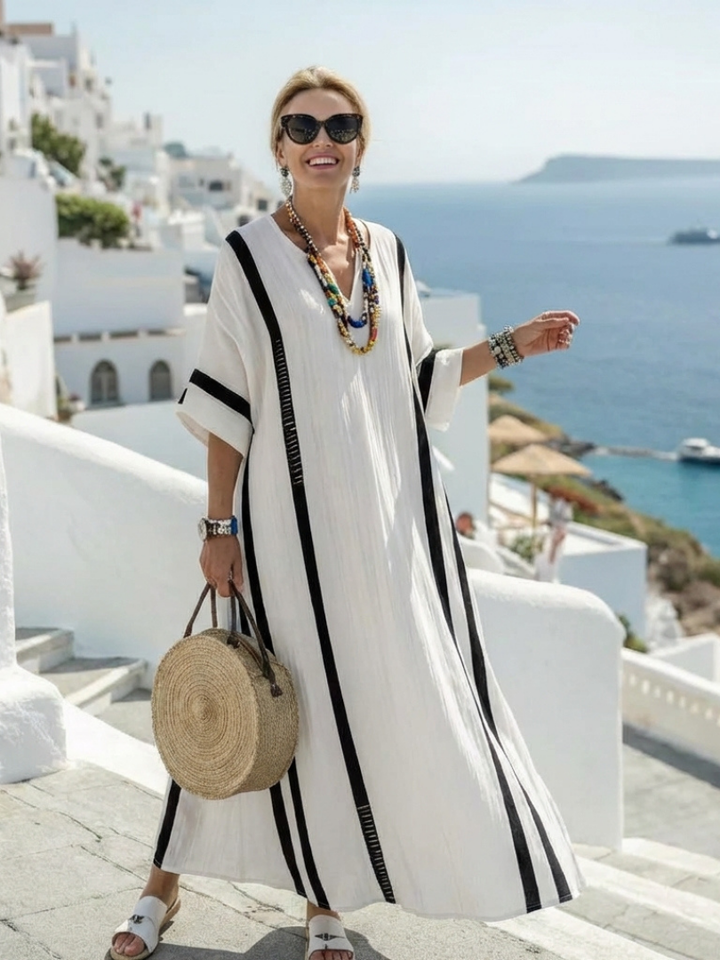 Elvienne – Robe Maxi Color-Block Rayée Manches Courtes