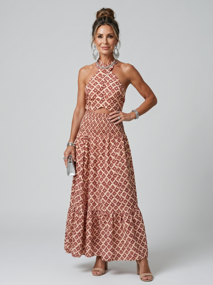 Amira – Robe Midi Halter Géométrique
