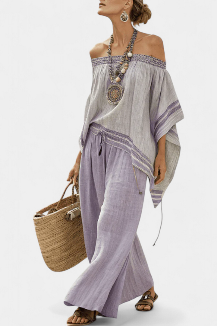 Zandrel – Top Épaules Dénudées & Pantalon Rayé