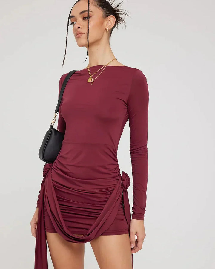 Ilyssia™ – Mini Robe Col Bateau Rouge Grenat