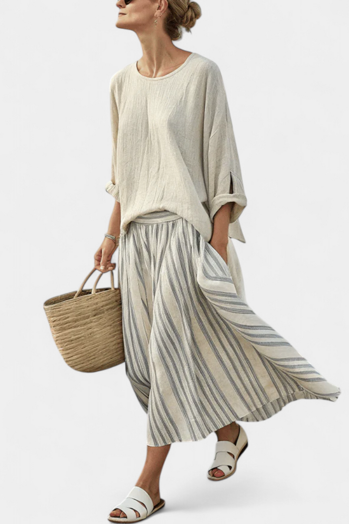 Aurcyn – Blouse Loose & Jupe Midi Rayée