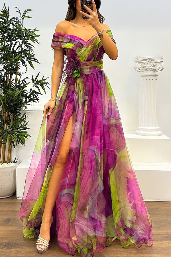 Jinnie – Robe Maxi Tulle Plumes Épaules Dénudées