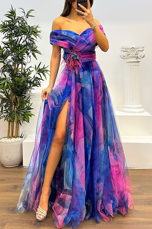 Jinnie – Robe Maxi Tulle Plumes Épaules Dénudées