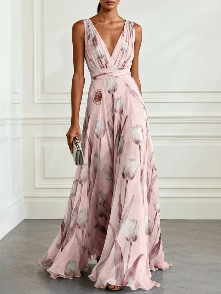 Nerea – Robe Maxi Imprimé Tulipes Col V