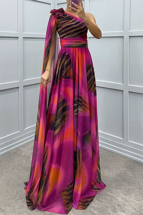 Lilliagirl – Robe Chiffon Imprimée Épaules Dénudées