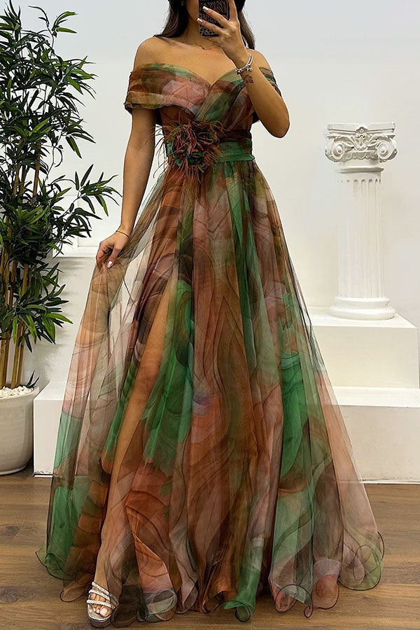 Jinnie – Robe Maxi Tulle Plumes Épaules Dénudées