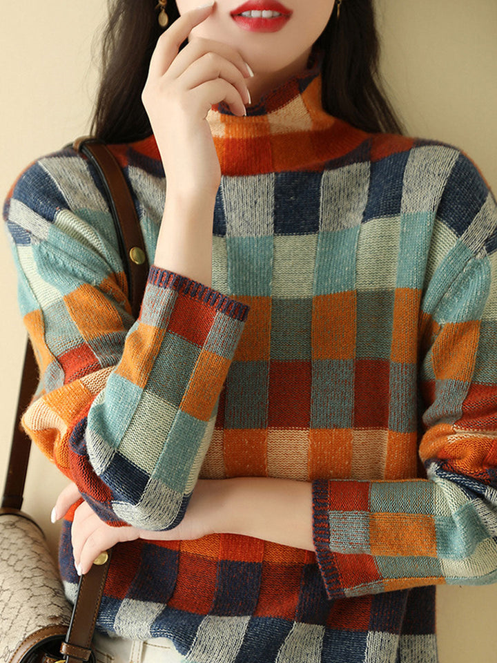 Caroline – Pull Col Roulé Carreaux