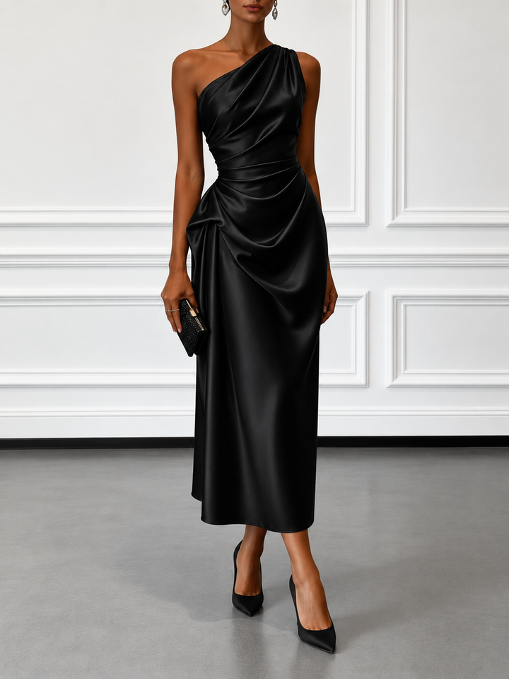 Caille – Robe Midi Satin Champagne Une Épaule