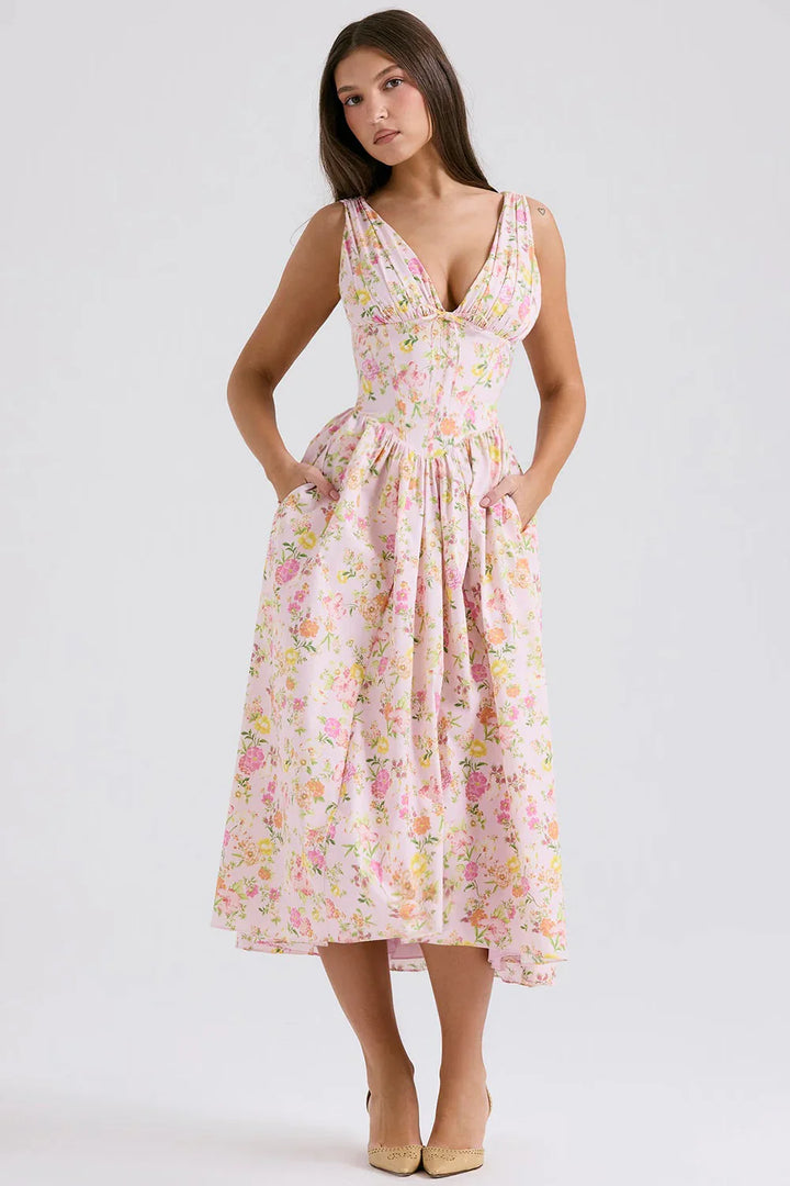 Ariana – Robe Midi Corset Col V Évasée