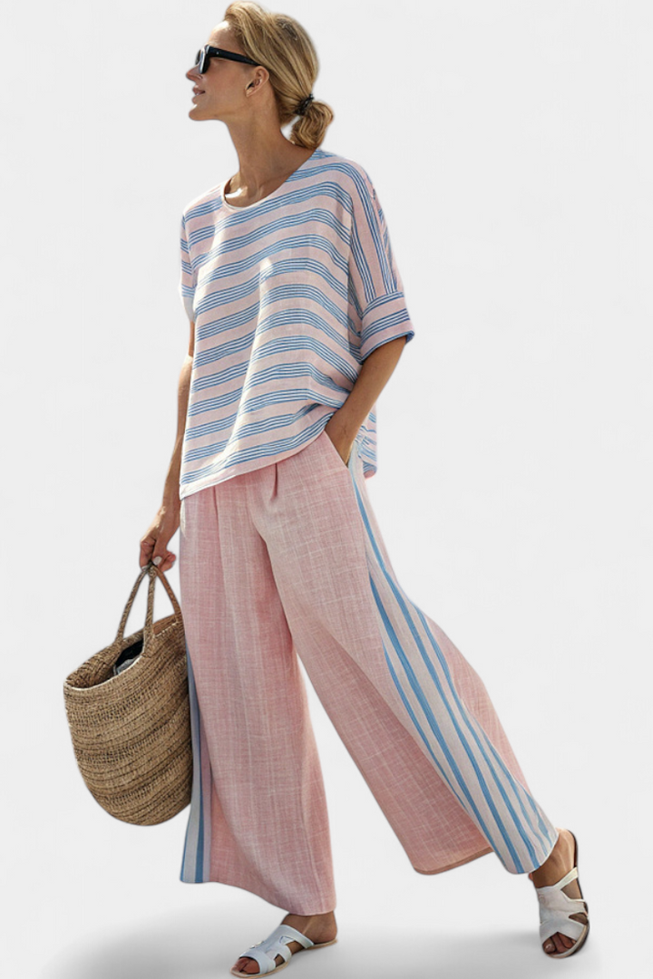 Virella – Blouse Lin Rose-Bleu & Pantalon Doux