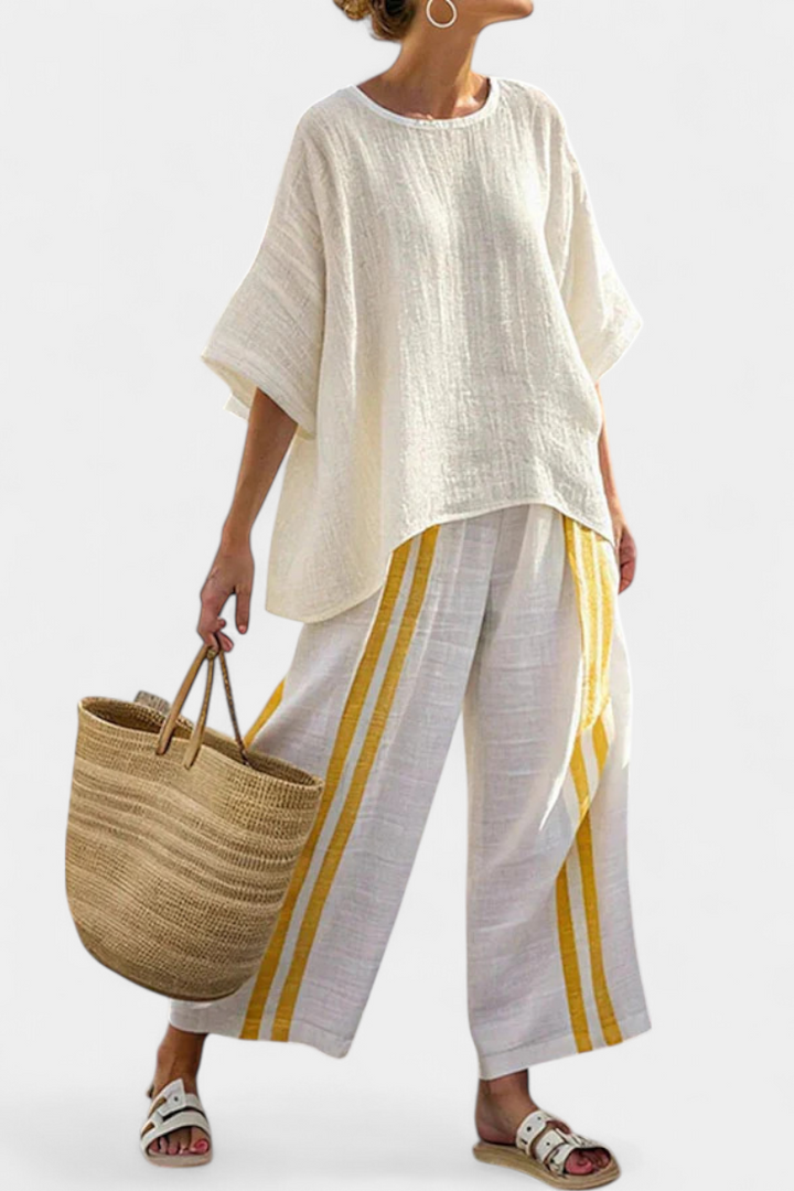 Anselor – Top Lin Rayé Jaune & Pantalon Large
