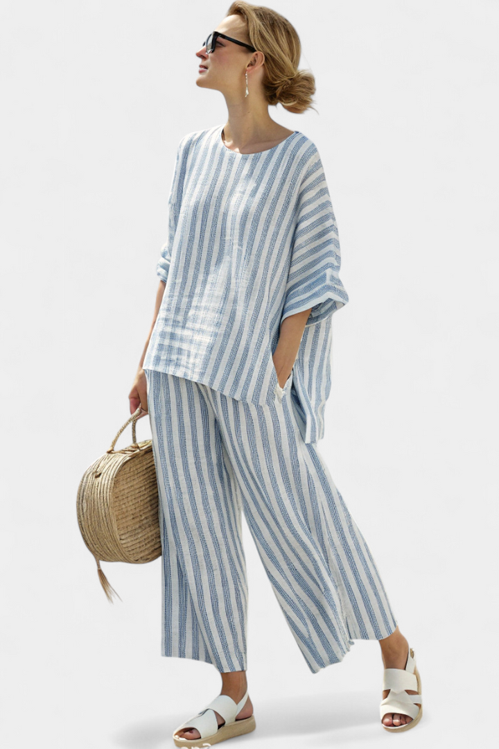 Rensleigh – Top Lin Rayé Bleu & Pantalon Relaxed