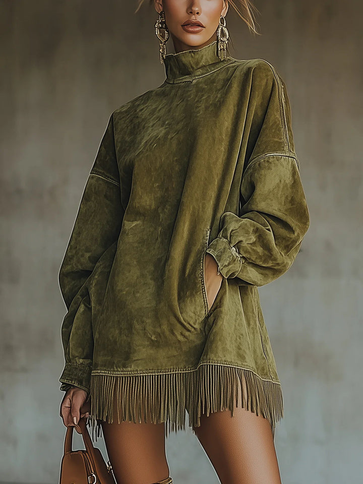 Darcie – Robe Col Roulé Suède à Franges