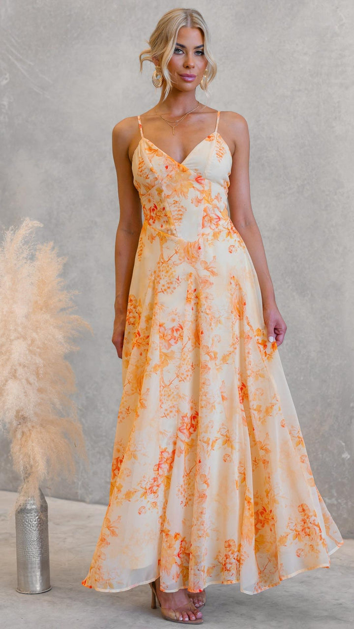 Sally – Robe Maxi Florale Col V Abricot