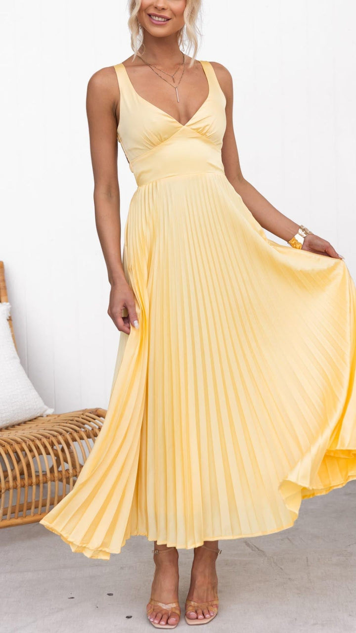 Aby – Robe Maxi Plissée Col V Jaune