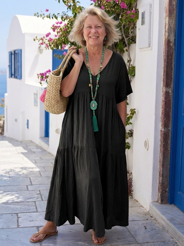 Zinnia – Robe Maxi Bleue Étagée Manches Courtes
