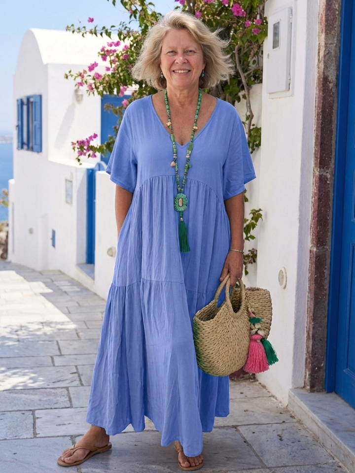 Zinnia – Robe Maxi Bleue Étagée Manches Courtes