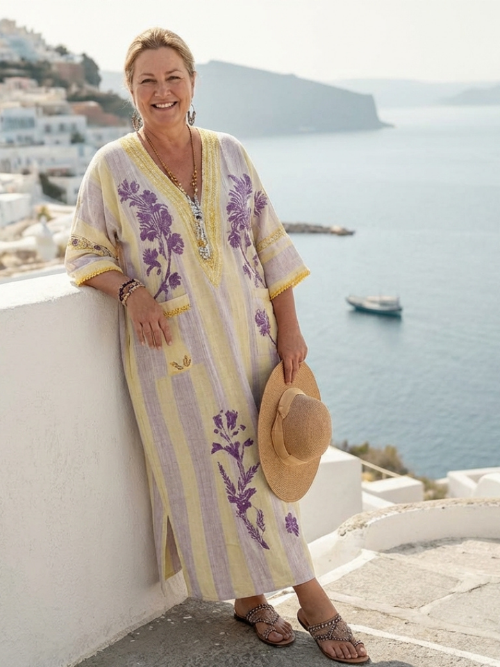 Aurelia – Robe Maxi Florale Rayée Col V