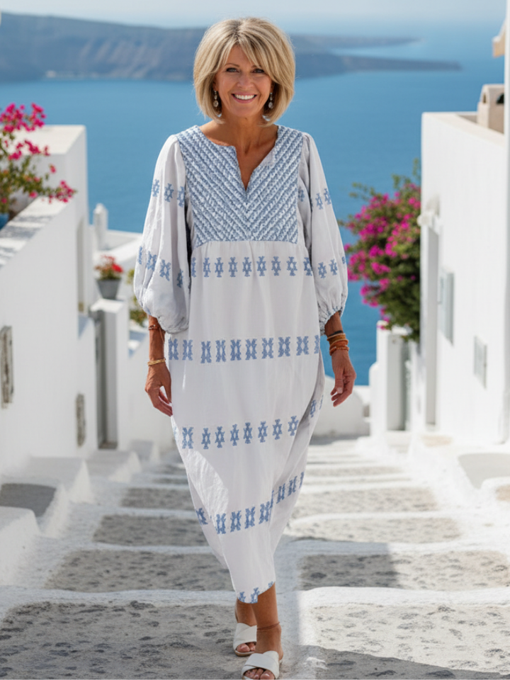 Evadne – Robe Maxi Brodée Col V Manches Longues