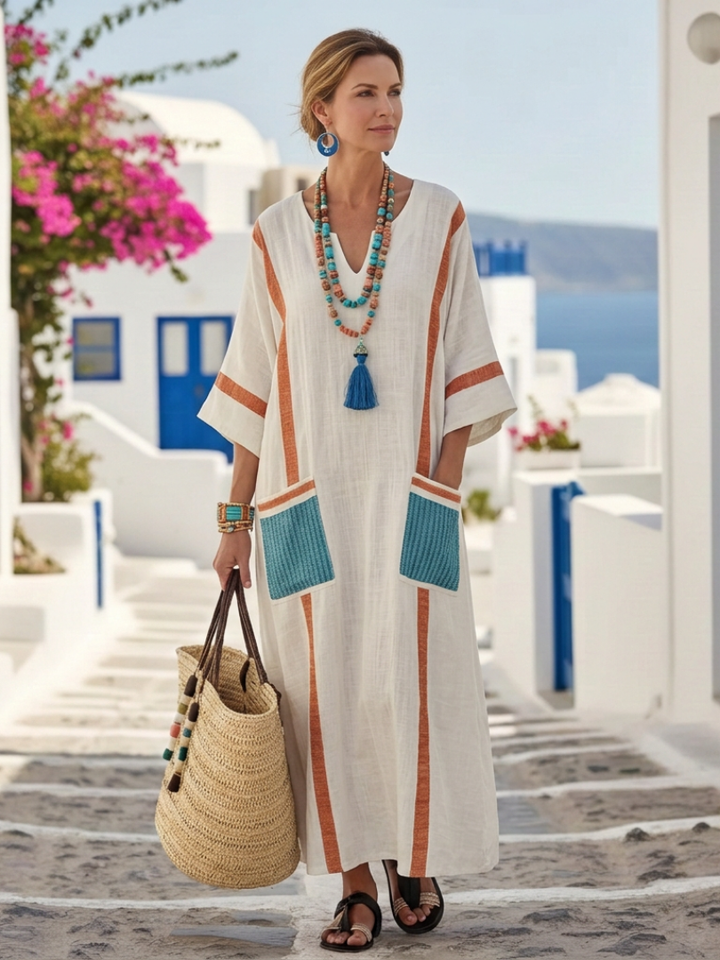 Noemi – Robe Maxi Col V Demi-Manches & Poches