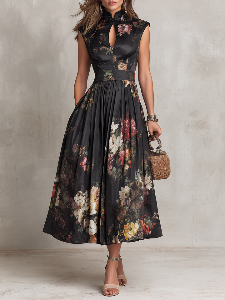 Rosie – Robe Midi Satin Florale Plissée Noire