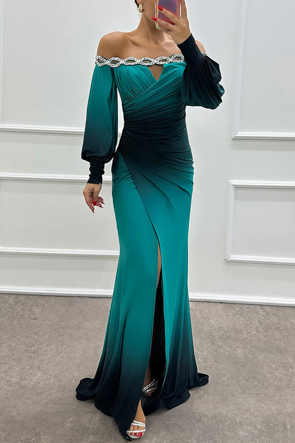 Julieta – Robe Maxi Épaules Dénudées Dégradé Fendue