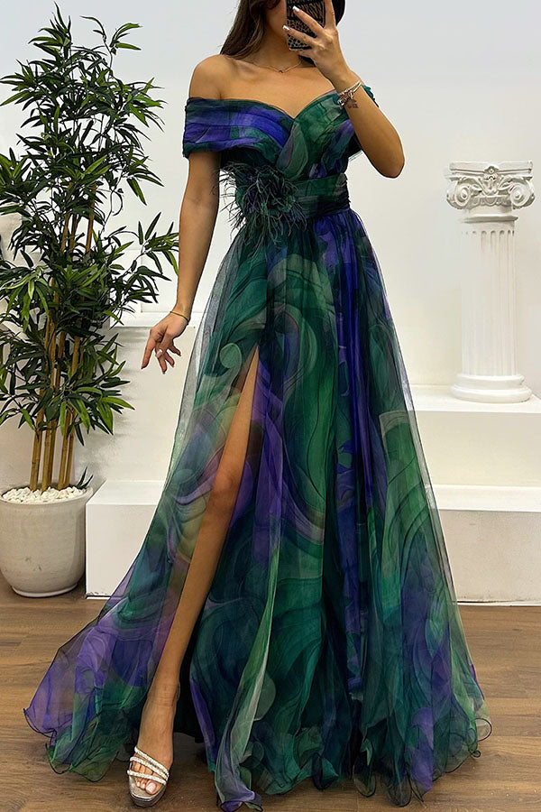 Jinnie – Robe Maxi Tulle Plumes Épaules Dénudées