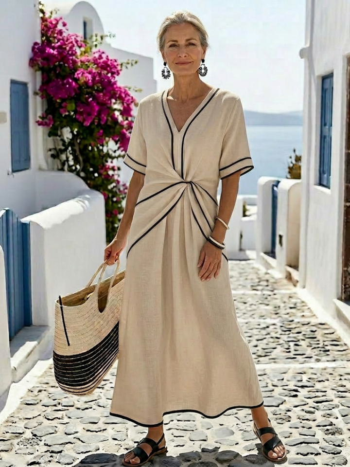 Linnea – Robe Midi Col V Taille Froncée
