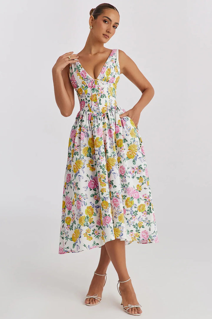 Ariana – Robe Midi Corset Col V Évasée
