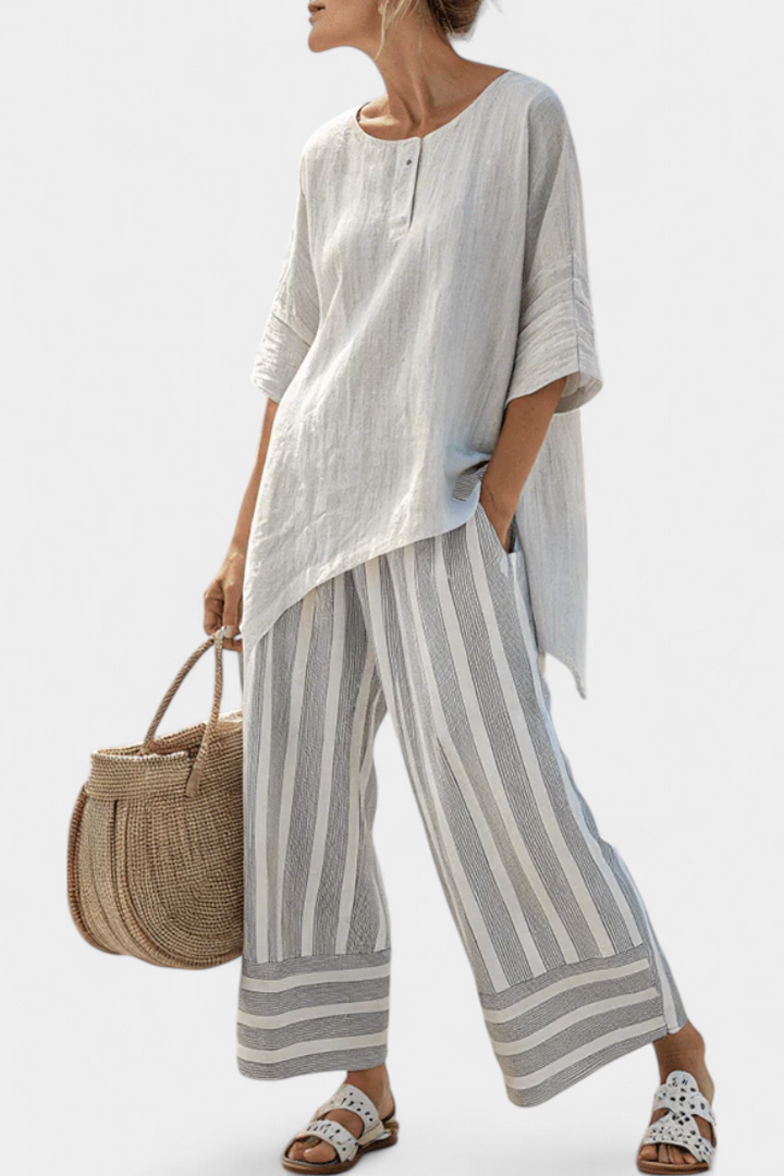 Talvora – Blouse Asymétrique & Pantalon Rayé