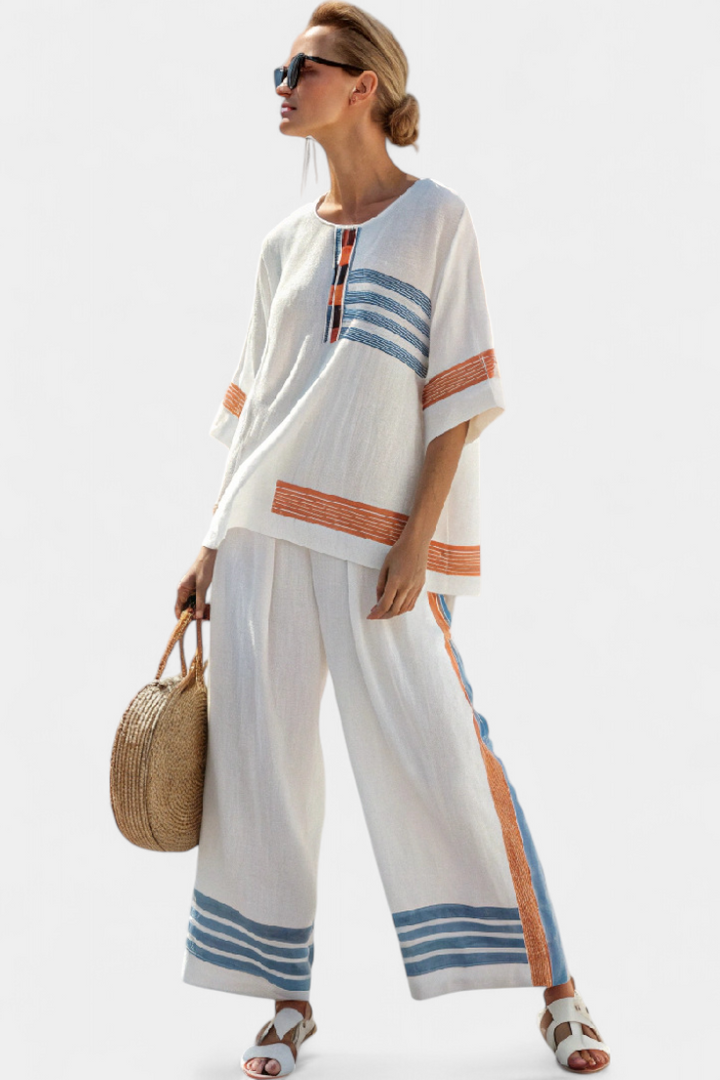 Marcellin – Top Rayé Bleu-Orange & Pantalon