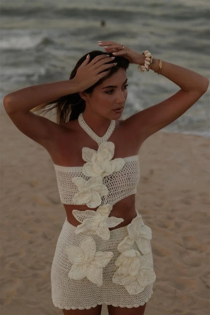 Margaret – Mini Robe Tricotée Florale Halter